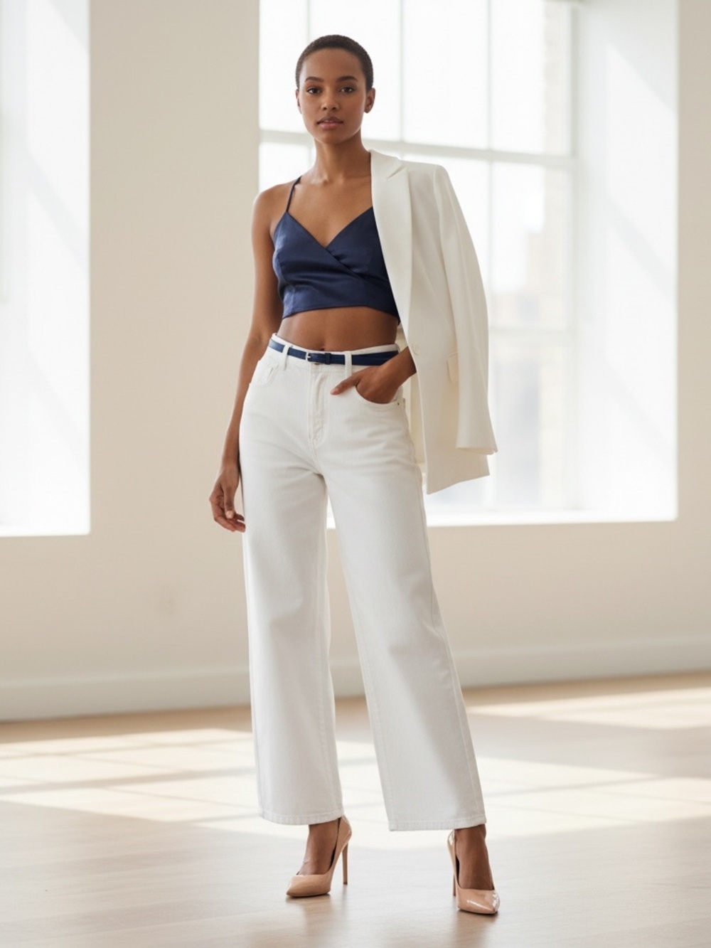 Fame and Partners Navy Satin Crop Top size 8